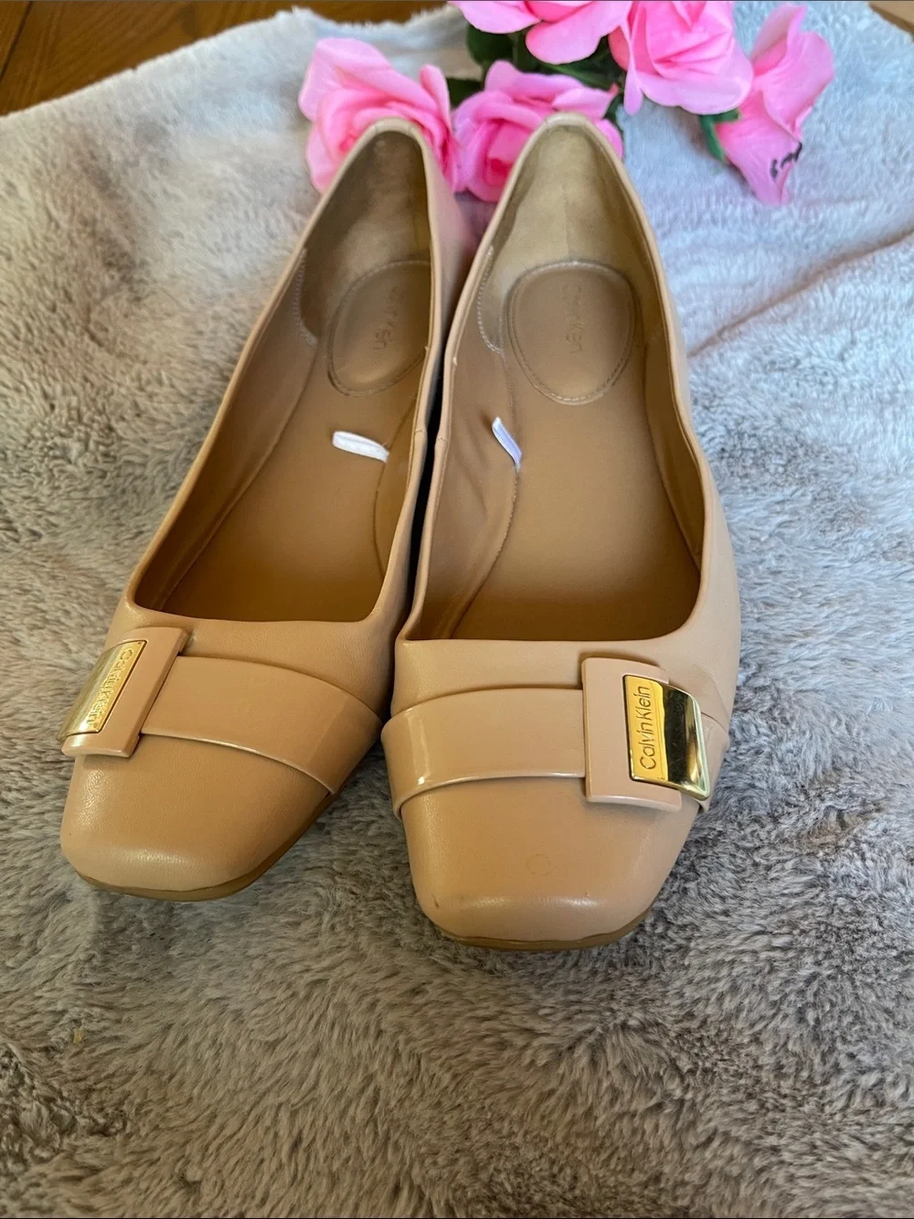Calvin Klein Beige Patent Leather Ballet Flats with Gold Logo Accent